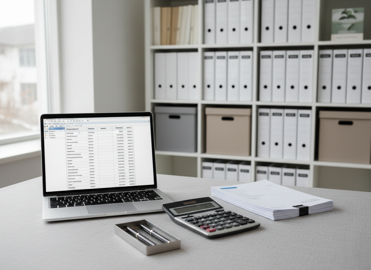 A precise, orderly bookkeeping scene with a slim laptop open to accounting software in Finnish, a compact stack of neatly aligned invoices, and a modern calculator with a monochrome display. The items sit on a pale grey, textured desk with a faint linen pattern, beside a small, understated metal pen tray. In the background, a modular shelving unit holds uniformly arranged white folders and neutral-toned storage boxes, slightly out of focus. Soft, overcast window light from the left creates subtle highlights on the calculator buttons and gentle shadows beneath the paper stack. Photographic realism, eye-level composition, and a structured, balanced layout communicate reliability, clarity, and everyday financial control for businesses.